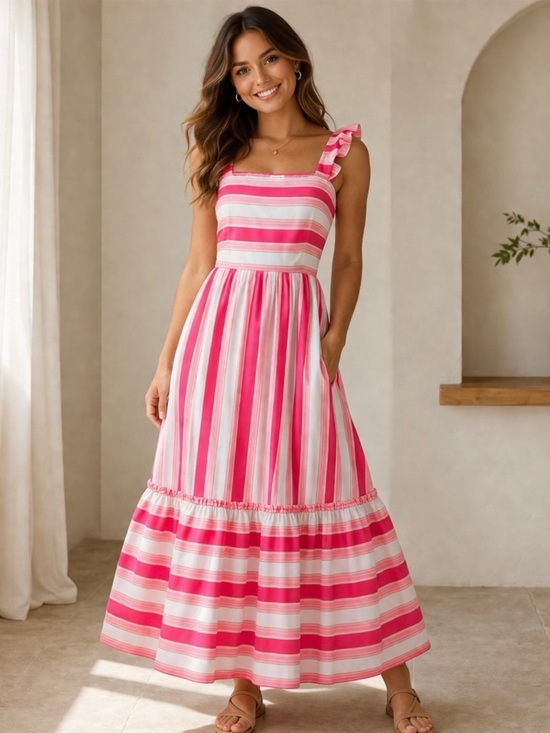 J. Crew Dresses & Skirts - J. CREW | Striped Pink and White 100% Cotton Ruffle Straps Midi Dress Sz. 6